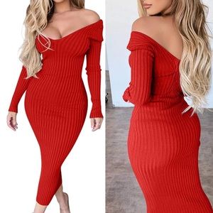 💕 RED Women's Sexy Long Sleeve Off Shoulder Knit Bodycon Long Dress *NEW